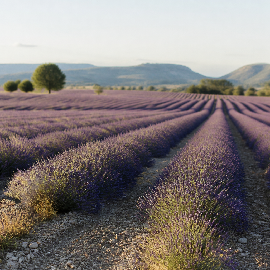 Champ de lavande fine en fleur sur un plateau de Haute-Provence, rangs réguliers et relief calcaire à l'arrière-plan