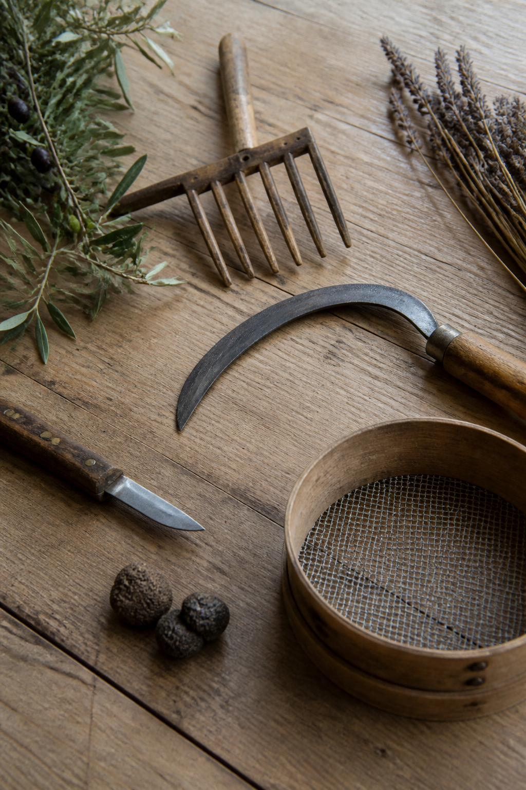 Outils du terroir provençal posés sur un plan de bois : peigne à olives, faucille à lavande, couteau à truffe et petit tamis