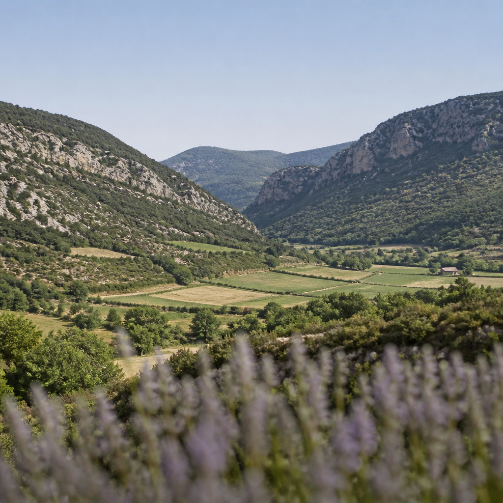 Vallée agricole encadrée de reliefs calcaires, avec parcelles cultivées en fond de vallée et versants boisés