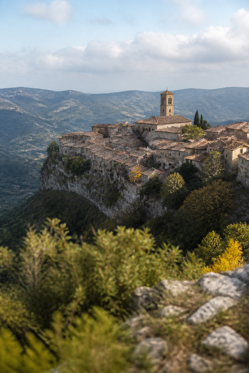 Village perché de Haute-Provence sur un promontoire rocheux, maisons de pierre serrées autour d'un clocher, versants de marnes en arrière-plan
